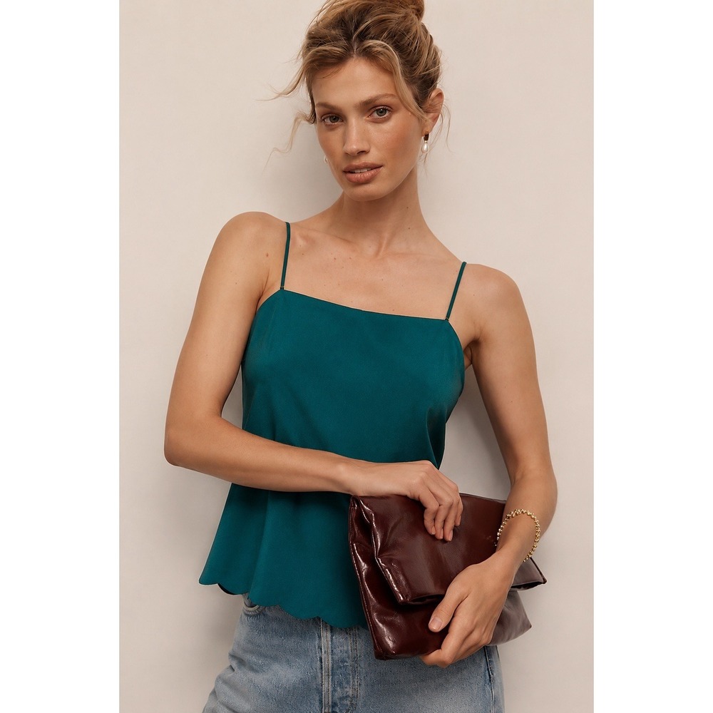 J.Crew Dark Green Scalloped Hem Cami Top XS NWT Sleeveless Tank Blouse